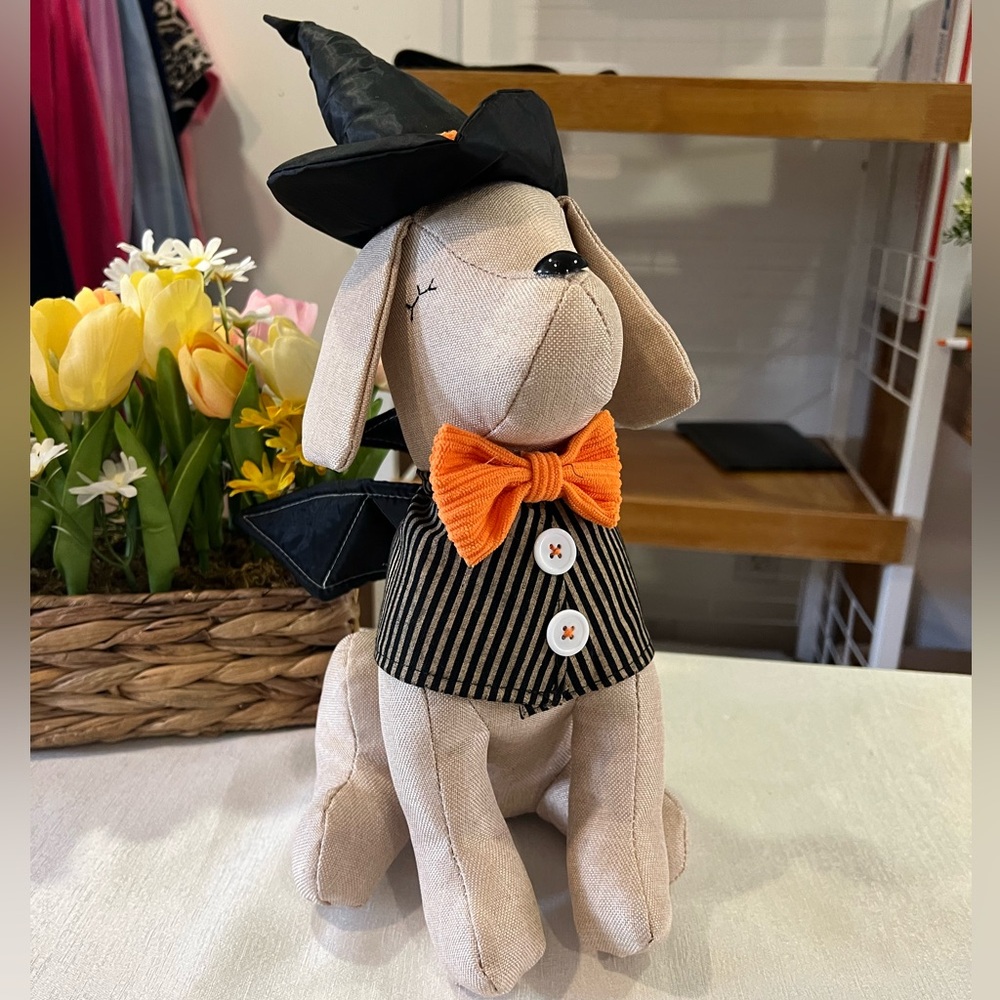 Creepy Cottage 20” Bat Dog Plush Halloween Decoration Witch Hat Bow Tie wing
